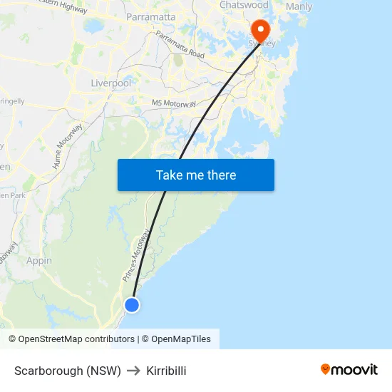 Scarborough (NSW) to Kirribilli map