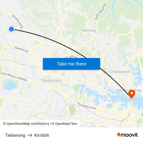 Tallawong to Kirribilli map