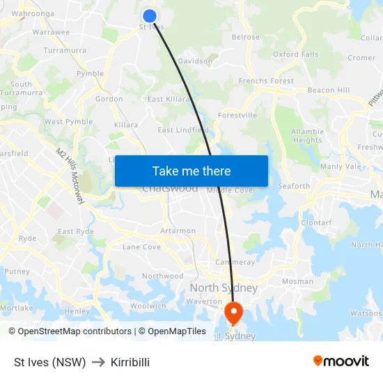 St Ives (NSW) to Kirribilli map