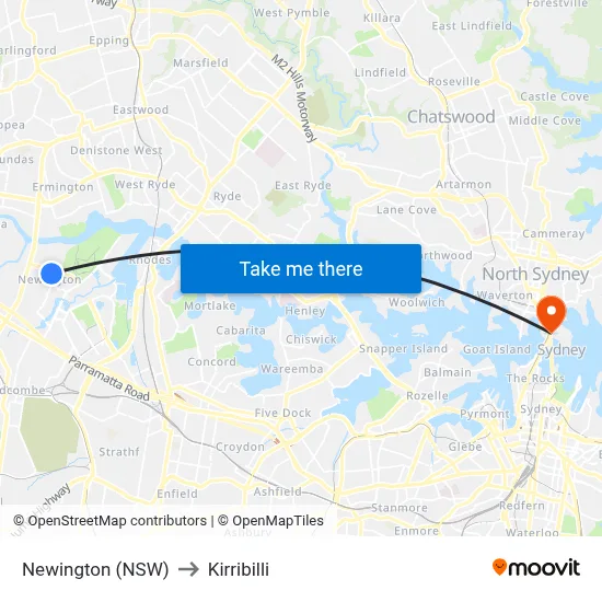 Newington (NSW) to Kirribilli map