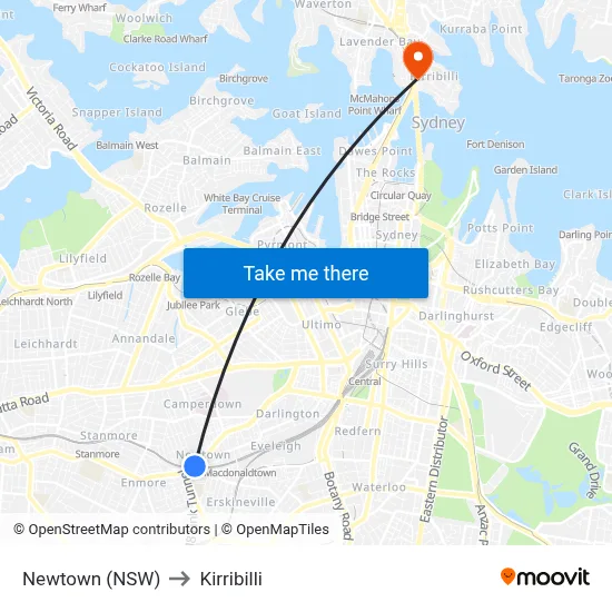Newtown (NSW) to Kirribilli map