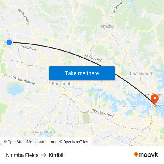 Nirimba Fields to Kirribilli map