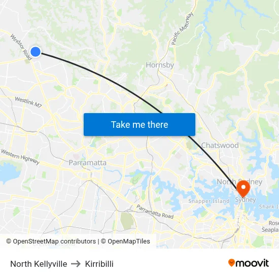 North Kellyville to Kirribilli map