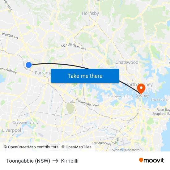 Toongabbie (NSW) to Kirribilli map