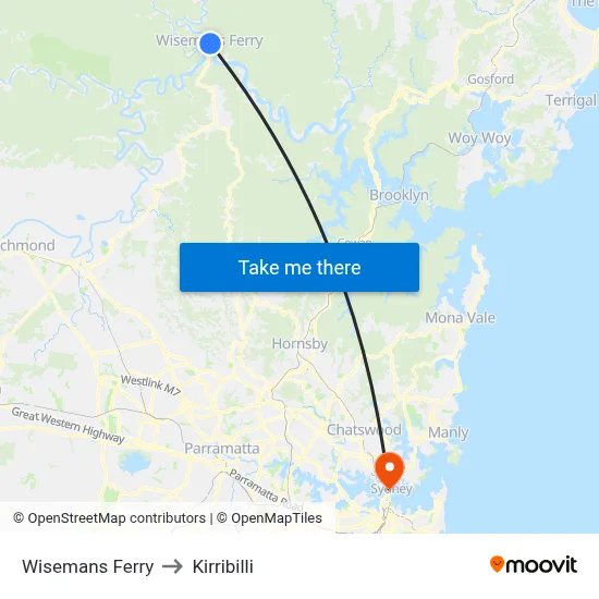 Wisemans Ferry to Kirribilli map
