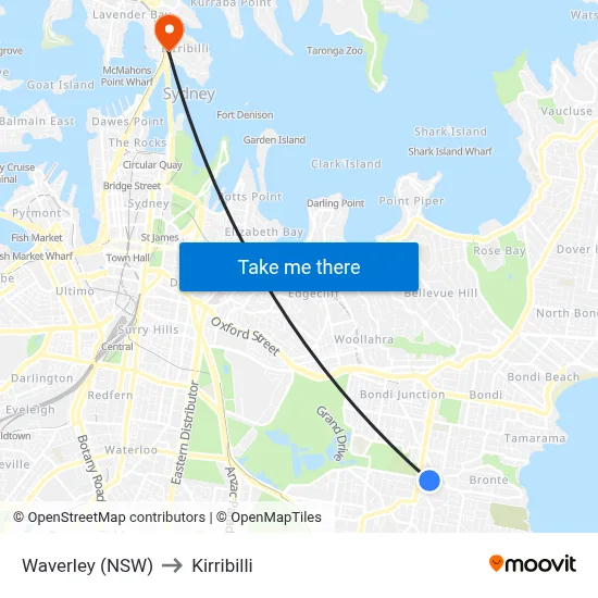Waverley (NSW) to Kirribilli map