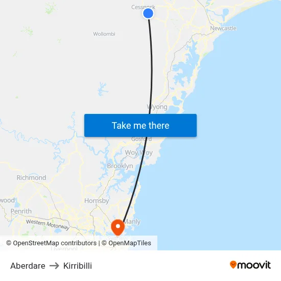 Aberdare to Kirribilli map