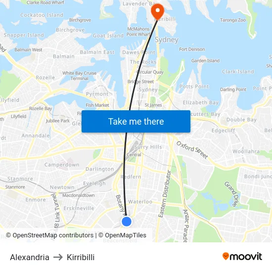 Alexandria to Kirribilli map
