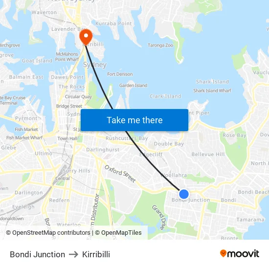 Bondi Junction to Kirribilli map