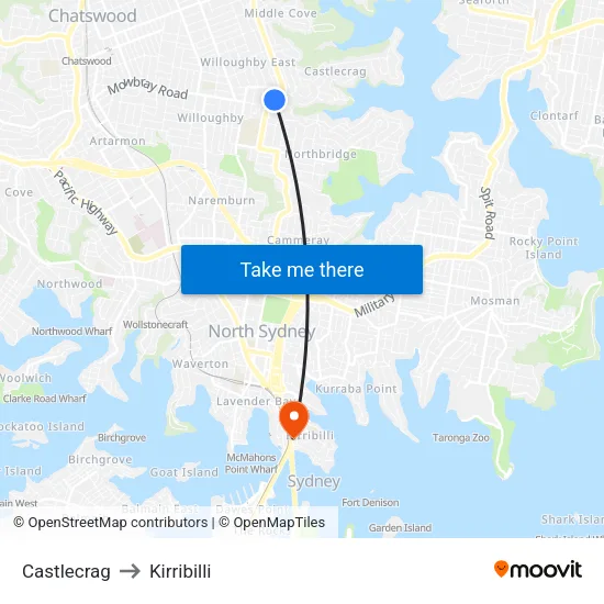 Castlecrag to Kirribilli map