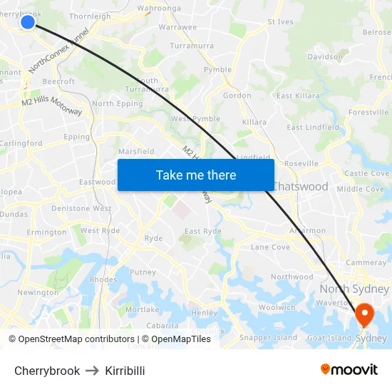 Cherrybrook to Kirribilli map