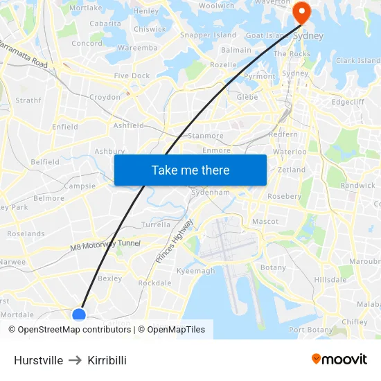 Hurstville to Kirribilli map