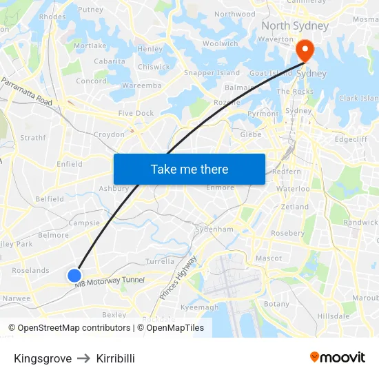 Kingsgrove to Kirribilli map
