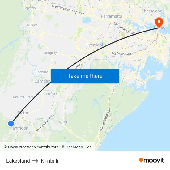 Lakesland to Kirribilli map