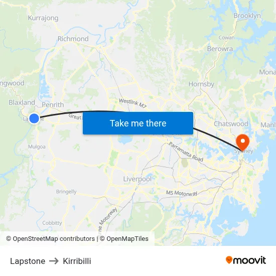 Lapstone to Kirribilli map