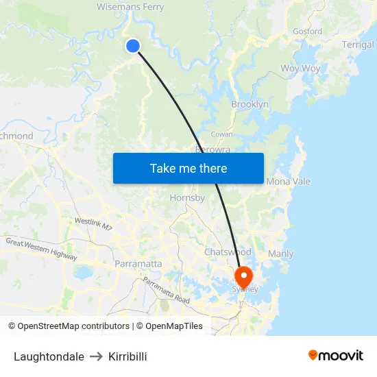 Laughtondale to Kirribilli map