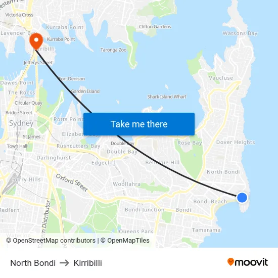 North Bondi to Kirribilli map