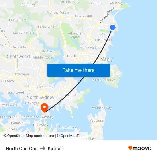 North Curl Curl to Kirribilli map