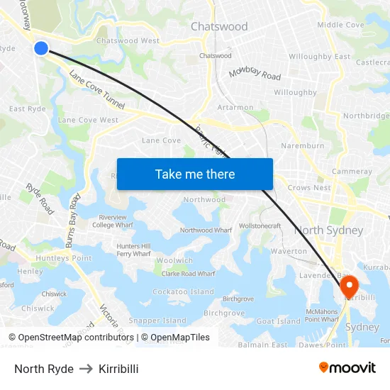 North Ryde to Kirribilli map