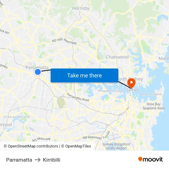Parramatta to Kirribilli map