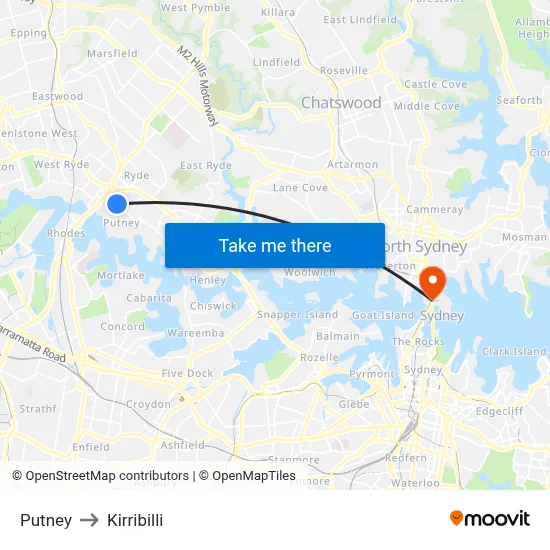 Putney to Kirribilli map