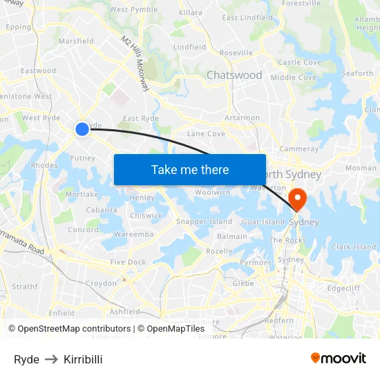 Ryde to Kirribilli map