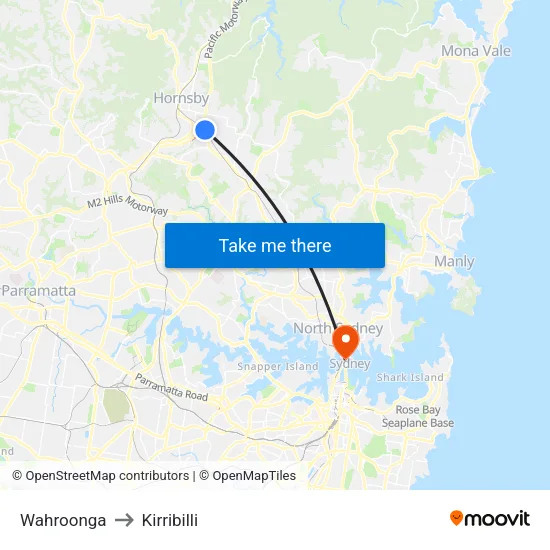Wahroonga to Kirribilli map