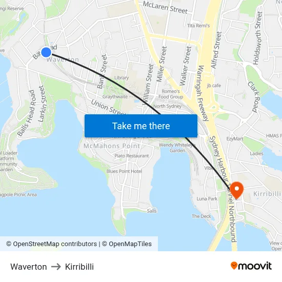 Waverton to Kirribilli map