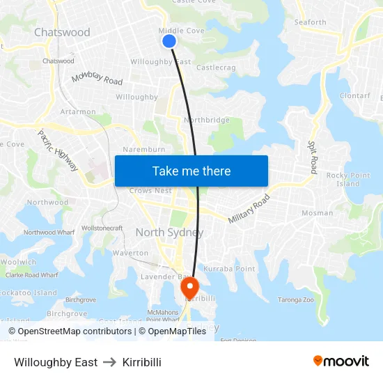 Willoughby East to Kirribilli map