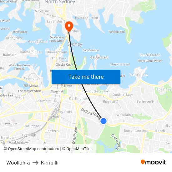 Woollahra to Kirribilli map