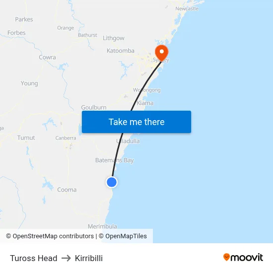 Tuross Head to Kirribilli map