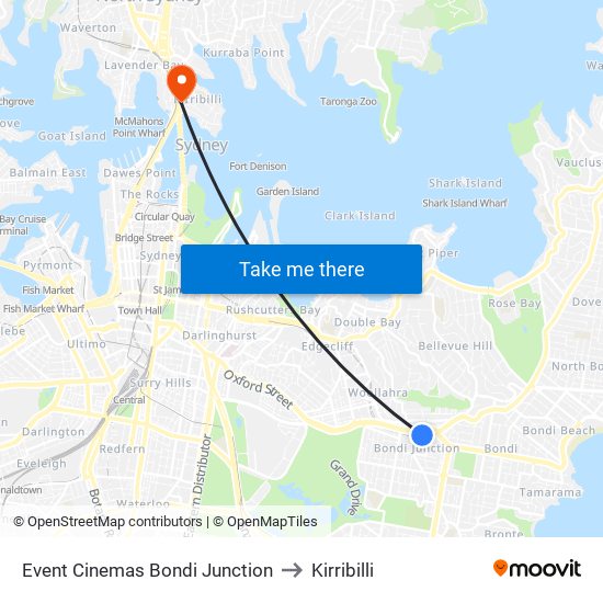Event Cinemas Bondi Junction to Kirribilli map