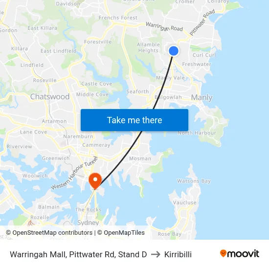 Warringah Mall, Pittwater Rd, Stand D to Kirribilli map