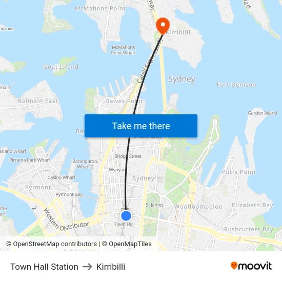 Town Hall Station to Kirribilli map