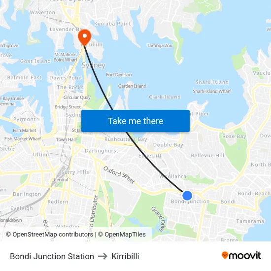 Bondi Junction Station to Kirribilli map