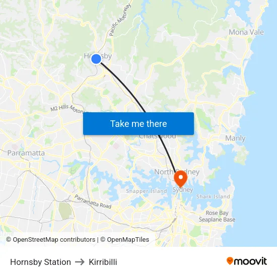 Hornsby Station to Kirribilli map