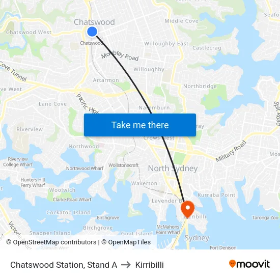 Chatswood Station, Stand A to Kirribilli map