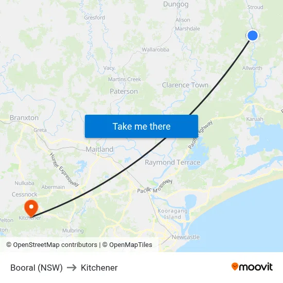 Booral (NSW) to Kitchener map