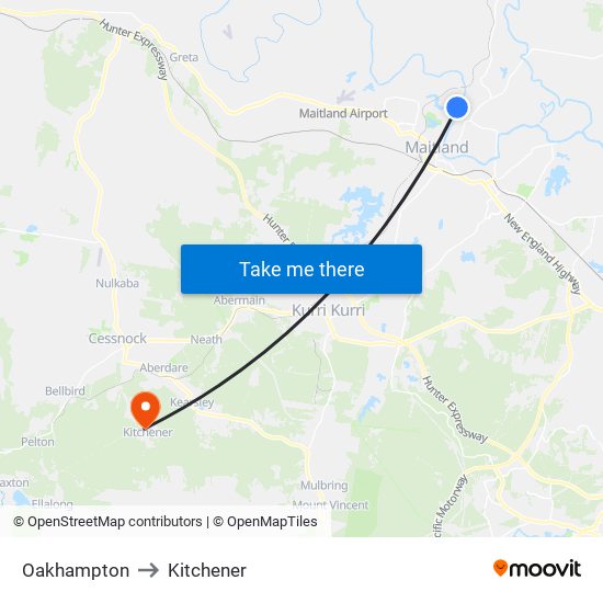 Oakhampton to Kitchener map