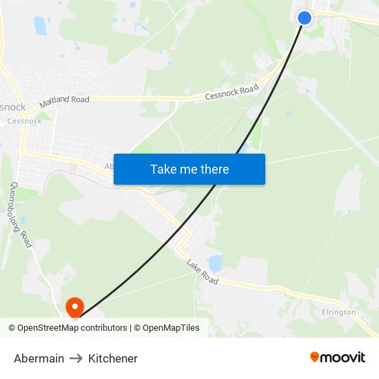 Abermain to Kitchener map