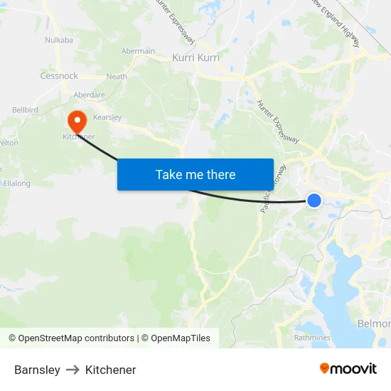 Barnsley to Kitchener map