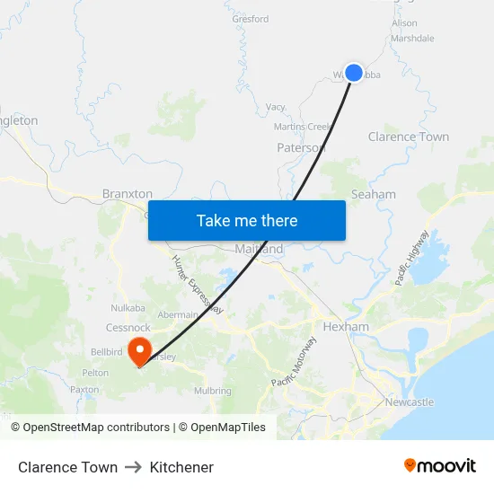 Clarence Town to Kitchener map