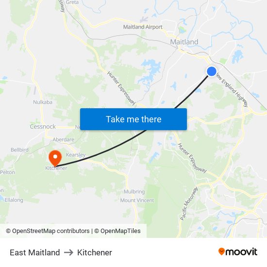 East Maitland to Kitchener map