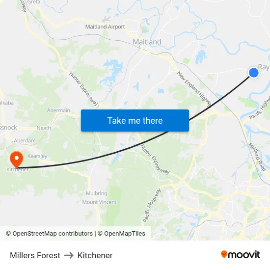 Millers Forest to Kitchener map