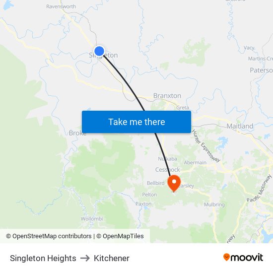 Singleton Heights to Kitchener map