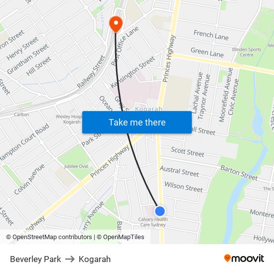 Beverley Park to Kogarah map