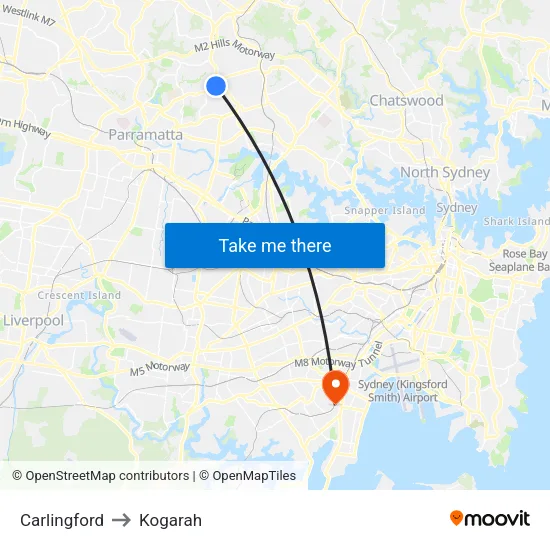 Carlingford to Kogarah map