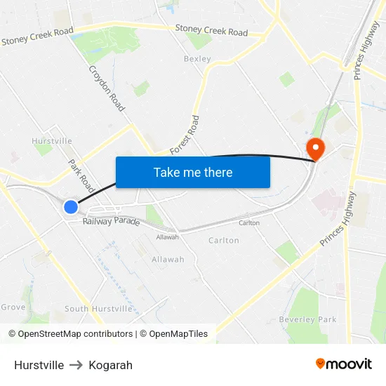Hurstville to Kogarah map