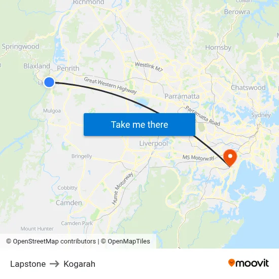 Lapstone to Kogarah map