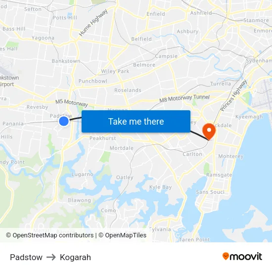 Padstow to Kogarah map